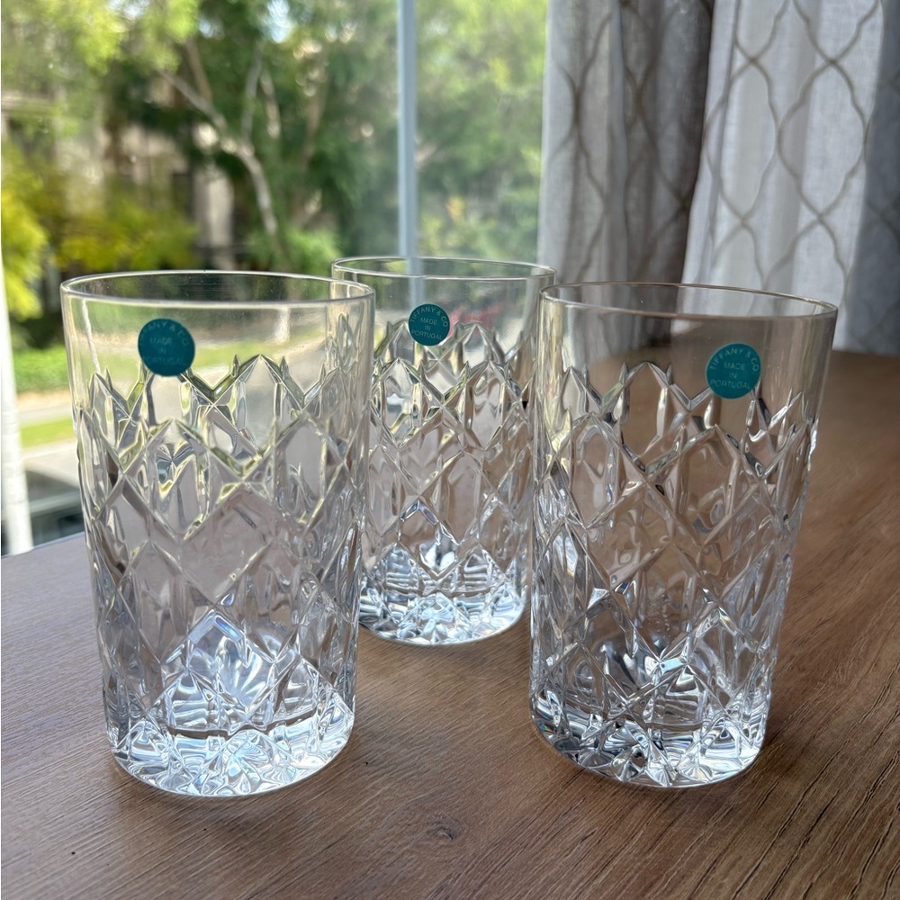 🏡Tiffany & Co Set of 3 Cut Glass Tumblers - Clear Crystal Look Made in Portugal